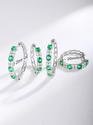 Women's Huggie Hoops with Birthstone 925 Sterling Silver Huggie Stud Hypoallergenic 14K Gold Plated Moissanite Earrings -Emerald Sapphire Ruby Hoop Earrings, Size 20 25mm - color: A -Emerald Silver, size: 20mm (0.78 Inch)