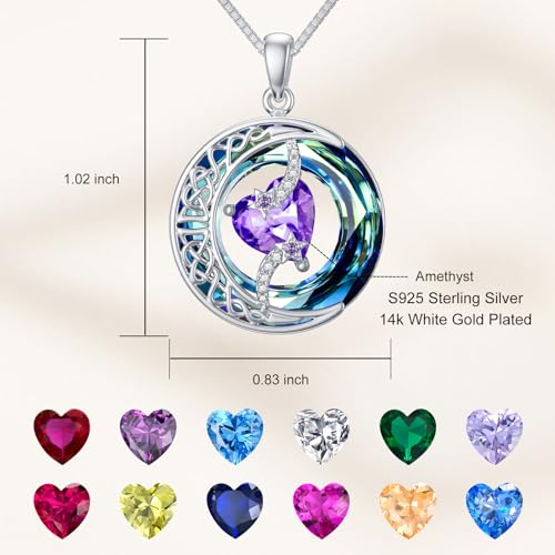 TOUPOP Birthstone Necklace Women Sterling Silver Moon Star Birthday Jewelry | Celtic Moon Pendant with Blue Crystal Anniversary Christmas Jewelry Gifts for Wife Mom Her - color: A-02-Amethyst
