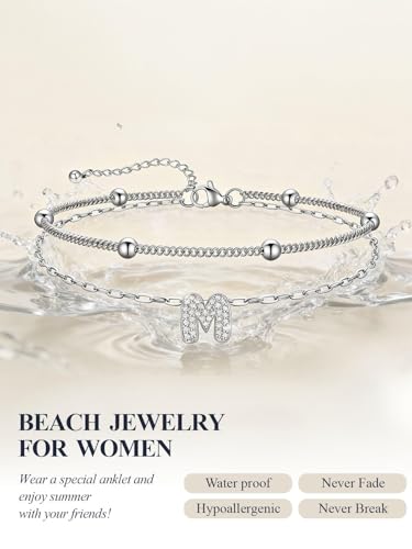 U7 Initial Ankle Bracelets for Women Silver/Gold Anklets Waterproof, 14K Gold Plated Layered Anklets Bracelet Stainless Steel Hypoallergenic 8.5"-10.5" - color: Silver-CZ, size: Y