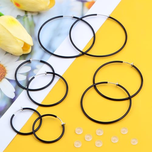 4 Pairs Clip On Hoop Earrings Brass Circle Fake Hoop Spring Earring Clips and 4 Pairs Anti-Pain Earring Pads for Women Non-Pierced Ears, 4 Sizes - color: Black