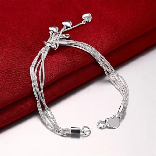 925 Sterling Silver Multi-Strand Five Heart Charm Bracelet, 5 Dangling Hearts, Silver