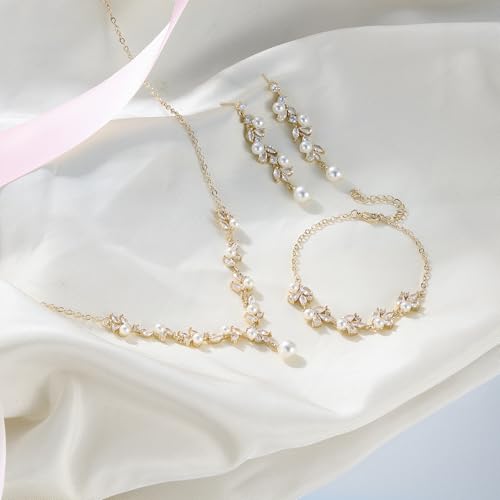 EleQueen Women's Simulated Pearl Wedding Jewelry Set for Brides | Cubic Zirconia Necklace Earrings Bracelet Set for Brides Bridesmaids, Bridal Jewelry Set for Anniversary/Memorial Day - style: Pearl Necklace Earrings Bracelet Gold-Tone
