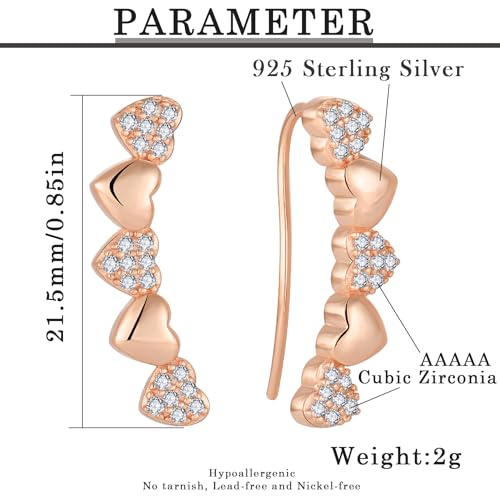 Heart Climber Earrings for Women 925 Sterling Silver White/Yellow/Rose Gold Plated Cubic Zirconia Ear Crawler Earrings Jewelry - color: Rose