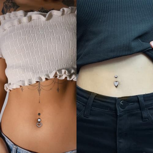14G Dangle Belly Button Ring Piercing Jewelry 316L Stainless Surgical Steel Heart Flower CZ Reverse Navel Rings Dangling Belly Button Ring Piercing Jewelry for Women 14 Gauge Hypoallergenic - style: 5Pcs Black