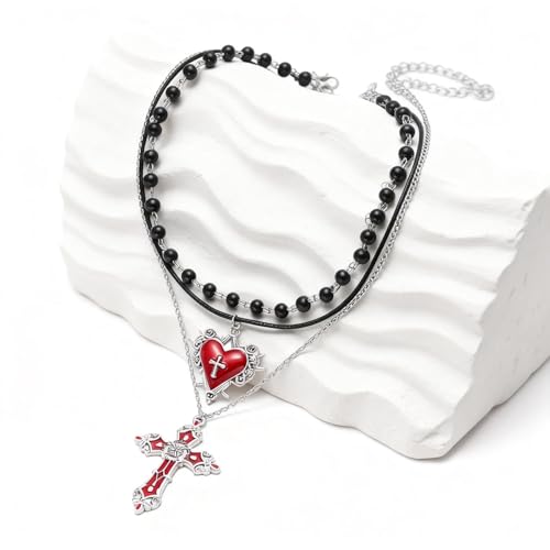 Gothic Necklaces for Women Cross Heart Pendant Layered Necklace Statement Jewelry Dark Romantic Gift for Halloween Parties - color: B:red