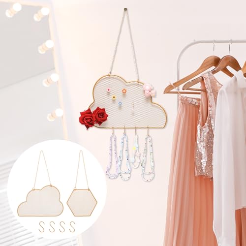 2pcs Gold Wall Mounted Earring Organizer with 10 Hooks,Decorative Jewelry Stand Diamond Grid Display Rack Hanging Hook,Metal Jewelry Holder for Home/Necklaces/Bracelets(Hexagon+Cloud) - size: Hexagon+Cloud