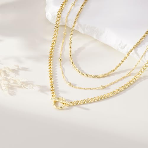 Turandoss Layered Necklaces for Women, 14K Gold Plated Chain Necklace Stack | Non Tarnish Gold Necklaces for Women, Toggle Clasp Herringbone Rope Satellite Cuban Link Chain Necklace, Trendy Jewelry Gifts - color: " rope+satellite+toggle-G