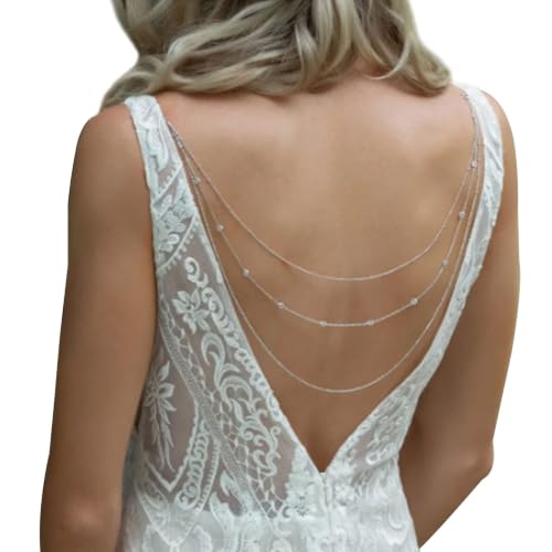 Elegant Multi Layered Rhinestone Back Chain Jewelry Crystal Bridal Back Necklace Chain Sexy Bikini Rhinestone Shoulder Chain Wedding Backdrop Jewelry for Women - color: Silver