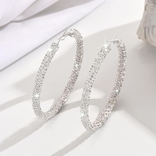 Large Gold Rhinestone Hoop Earrings Silver Sparkly Big Hoop Earrings for Women Black Earring Bling Chunky Silver Hoops 60mm Trendy Statement Earring for Women Bling Hoop for Prom Wedding Party Chunky Jewelry - style: Silver-Plated Hoops 60mm