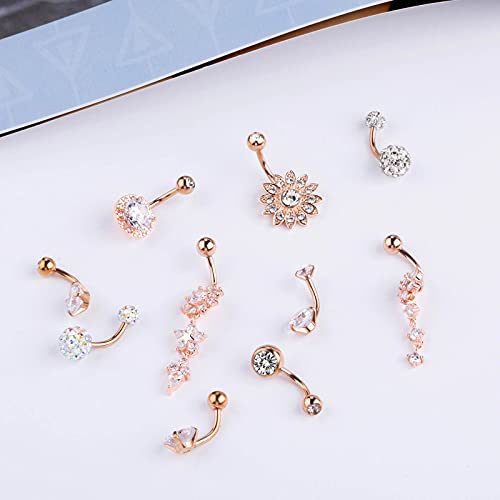 Yaomiao 18 Pcs 14G Stainless Steel Belly Button Ring Rhinestone Heart Dangle Belly Button Rings for Women - color: Rose Gold, Elegant Style