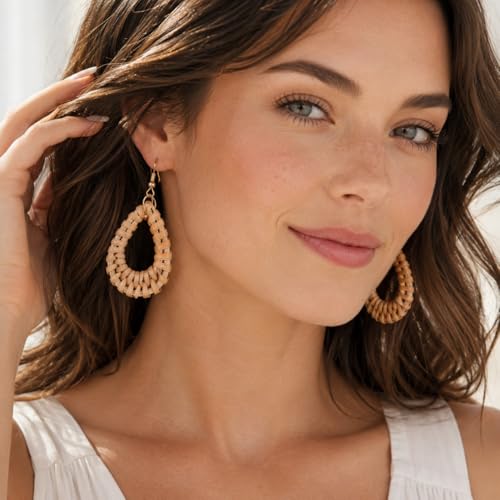 Handmade Rattan Teardrop Dangle Earrings for Women, Lightweight Boho Woven Statement Earrings with Gold Fish Hook, Natural Straw Weave Vacation Jewelry for Summer Beach - style: Tear Drop