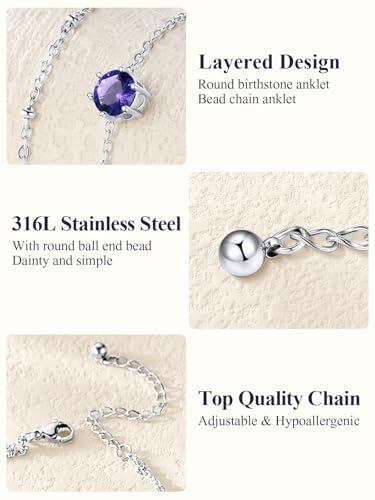 U7 Silver Ankle Bracelet for Women, Waterproof Layered Ankle Round Gem Birthstone Anklets, Summer Beach Foot Jewelry, Adjustable 8.5"-10.5" - color: 02.February-Amethyst Purple