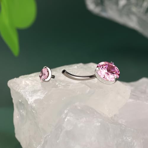 FUNLMO 14G Belly Button Ring Titanium Belly Button Piercing Belly Ring Internally Threaded Navel Piercing Jewelry - color: Silver-Pink CZ