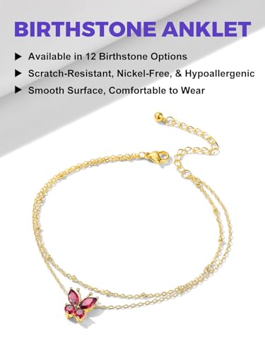 Richsteel Double Layer Heart/Butterfly Birthstone Anklet for Women | Non Tarnish Waterproof, Silver/Gold/Black Stainless Steel 8.5-10.5 Inch Adjustable Chain Anklets Summer Beach Foot Jewelry - color: Gold Butterfly-07 Jul.(Ruby)