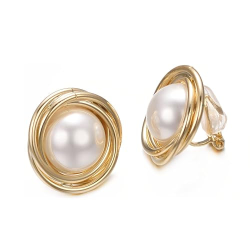 Yoursfs Faux Pearl Clip On Earrings For Women 18K Gold Plated Button Ear Clips - style: Large Pearl Gold Clip On Earrings