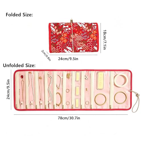 Embroidery Jewelry Roll Organizer Travel Jewelry Storage Roll Case Foldable Small Jewelry Pouch Jewelry Roll up Bag for Journey Rings, Necklaces, Earrings, Bracelets (Red) - color: Red