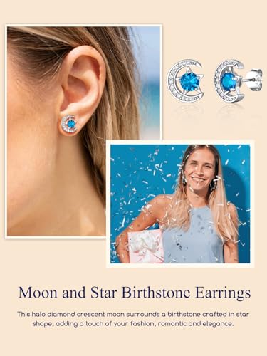 Suplight Sterling Silver Moon and Star Birthstone Crystal for Women with Dainty Silver Necklaces/Stud Earrings 1-12 Month Birthstone Emerald Pendant Sparkling Cubic Zirconia Gem Dainty Jewelry for Birthday Everyday - color: 12.December ( Turquoise)