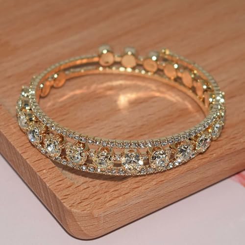 Triple-Row Open Cuff Bracelet for Women with Faux Pearl Center and Crystal-Set Metal Bands, Adjustable Bangle for Wedding and Daily Wear - color: Gold