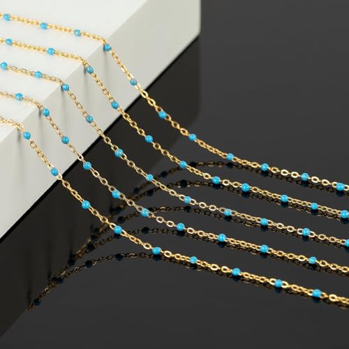 KYUNHOO 16.4 Feet Light Blue Beaded Chain Spool for Jewelry Making Supplies | Gold Plated Stainless Steel Jewelry Making Chains Bulk with Lobster Clasps Jump Rings for Jewelry Crafts DIY - color: Gold-Blue-2mm