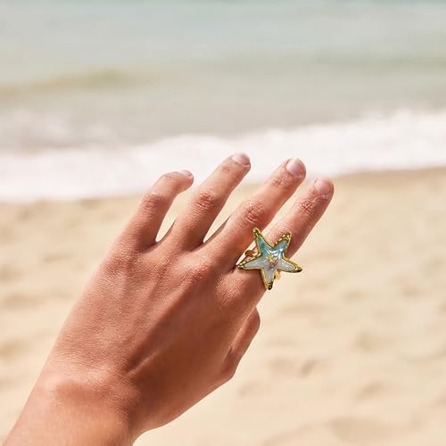 Vintage Starfish Shell Open Rings for Women Stainless Steel Gold Plated Boho Blue Ocean Sea Conch Animal Adjustabel Statement Finger Band Rings Comfirm Fit Summer Beach Holiday Fashion Jewelry