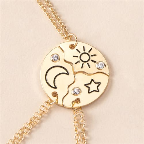 3pcs Friendship Moon Sun Star Puzzle Matching Necklace Set Gold Silver Plated Cute Crescent Round Circle Geometric Best Friend BFF Pendant Necklace for 3 Women Sisters Daughter Birthday Jewelry Gifts - color: Gold