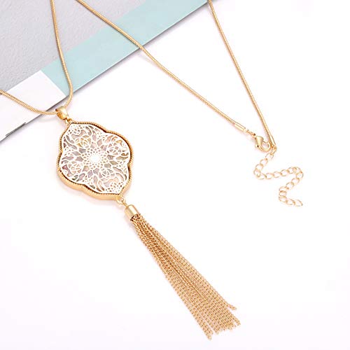 MOLOCH Long Necklaces For Woman Disk Circle Pendant Necklaces Tassel Fringe Necklace Set Statement Pendant - color: quatrefoil--gold-Floral