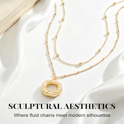 14K Gold/Silver Plated Dainty Snake Chain Layered Necklace for Women | Irregular Oval Pendant Minimalist Dainty Statement Gold Layering Everyday Jewelry - color: Gold - Hammered