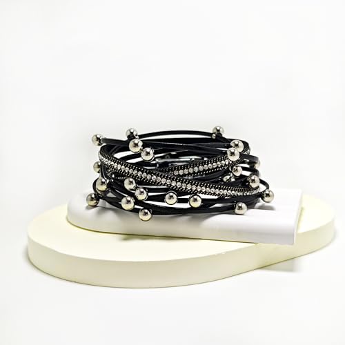 ZMANYIJEW Leather Wrap Bracelets for Women,Boho Cuff Bracelets Multi-Layer Crystal Beads Cuff Bracelet Multilayered Leopard Leather Braided Bangle Wrist Cuff Bangles - style: bead-black