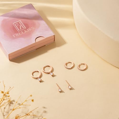 Freekiss 3 Pairs Hoop Earrings Set - Dainty Stud Dangle Cartilage for Women | Hypoallergenic Earrings, Cubic Zirconia Stackable Trendy Small Set Jewelry Gifts for Women - style: 3CZ rounded stud earrings-RG