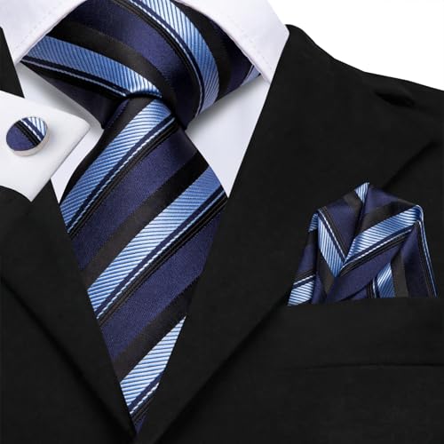 Hi-Tie Men 63inches Tie Set Extra Long Necktie Paisley Tie Pocket Suqare Cufflinks Big and Tall Men Tie - color: Black Blue