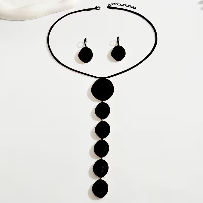 Statement Necklace and Earrings Set – 2PCS Gold Silver Chunky Geometric Pendant Jewelry with Snake Chain, Asymmetrical Ellipse Y-Necklace Metallic Fashion Jewelry for Women - color: A: Black