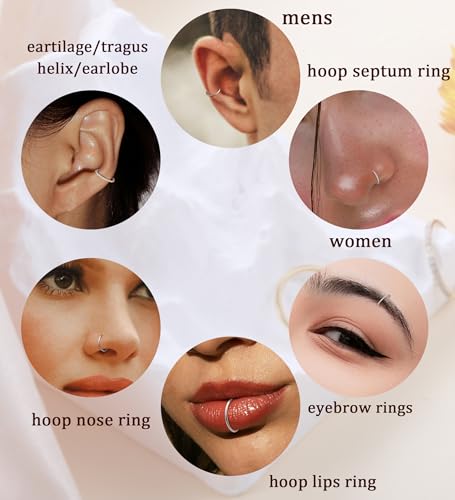 3pcs Nose Rings Hoops - 316L Surgical Steel Hinged Nose Hoops 16G/18G/20G CZ Clicker Septum Nose Ring Lip Helix Cartilage Hoop Earring Daith Rook Conch Body Piercing Jewelry for Women Men 8mm 10mm - color: Silver, size: 20 gauge(0.8mm)-8mm