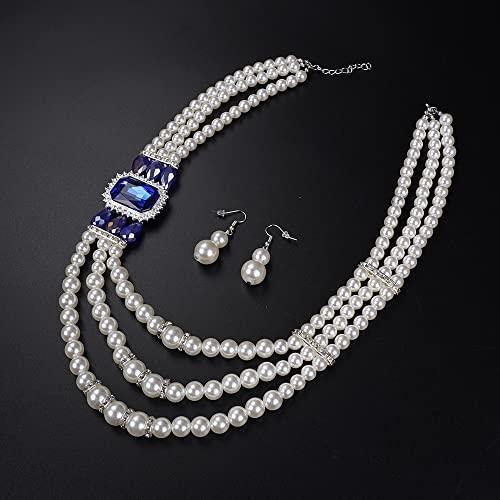 Aimimier 1920s 3-layered White Faux Pearl Necklace and Earrings Set with Crystal and Rhinestone Bridal Long Pearl Necklace Statement Women Jewelry - color: Royal blue