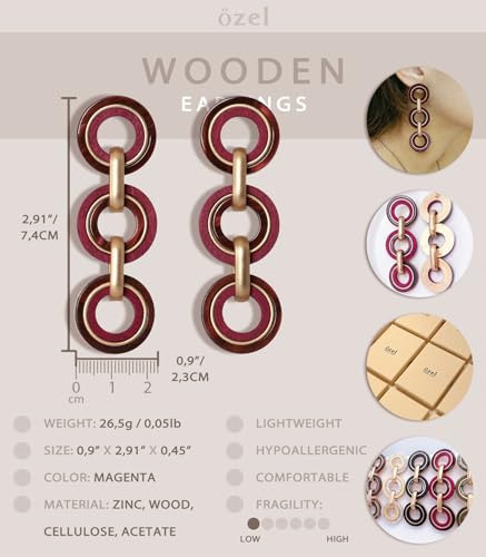 Ozel - Natural Wooden Acrylic Boho Drop Dangle Earrings for Women - Geometric Statement Jewellery - Brown, Black, Magent Red, Olive Green, White beige - color: 3Circle_Magenta