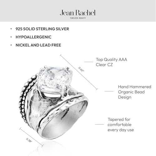 JEAN RACHEL JEWELRY 925 Sterling Silver Prong Solitaire Ring | Raised crown engagement style ring mounting a precision faceted brilliant Cubic Zirconia solitaire over stacked silver rows. - color: White CZ