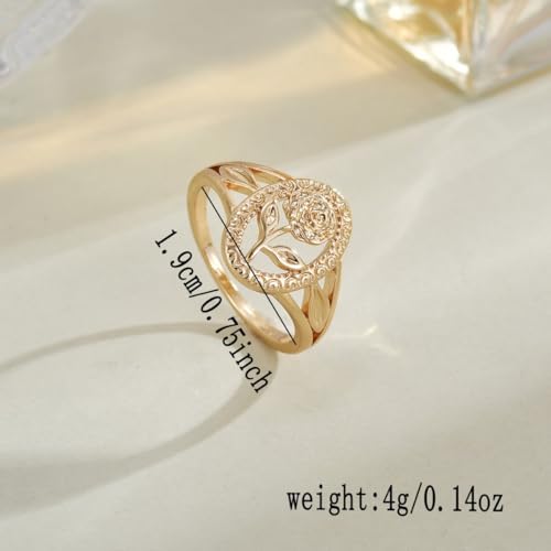 Flower Ring for Women, Vintage Hollow Gold Tone Oval Rose Band Cute Carved Floral Finger Ring Retro Statement Promise Anniversary Jewelry Gift