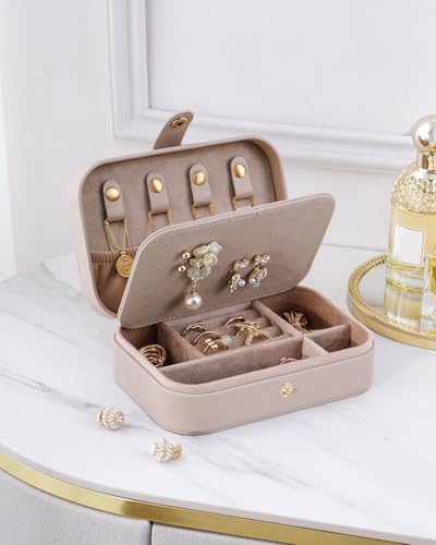 Jewelry Travel Case, Portable Travel Jewelry Box for Women, PU Leather, Snap Closure, Jewelry Holder Organizer Travel Essentials, Light Taupe - color: Light Taupe