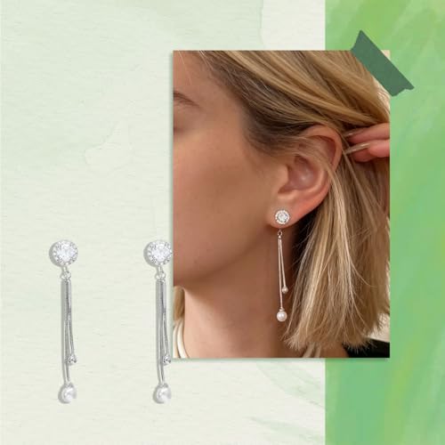 Long Tassel Pearl Drop Earrings, Silver-Tone CZ Crystal Earrings with Faux Pearl for Women, Elegant Korean Style