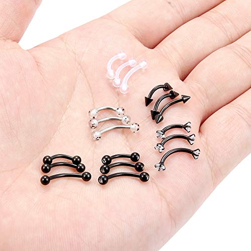 Lcolyoli 18pcs 16G Clear Bioflex Acrylic & Stainless Steel Eyebrow Barbell Rook Daith Earrings Belly Studs Cartilage Tragus Barbell Body Piercing Jewelry Retainer 6mm 8mm 10mm - color: B:18pcs/Black