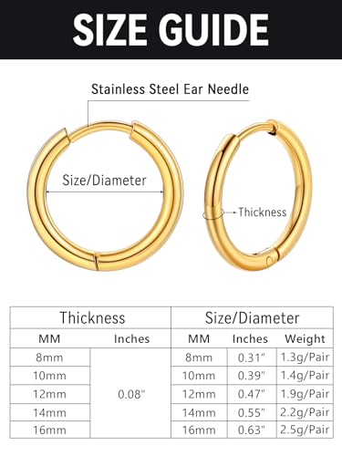 FaithHeart Stainless Steel Black/Silver/Gold Huggie Hoop Earrings for Men | Hypoallergenic Small Hoop Earrings Lightweight Sleeper Earrings Waterproof Cartilage Piercing Jewelry Gift 8-16mm - color: Gold-Round, size: Diameter 16mm