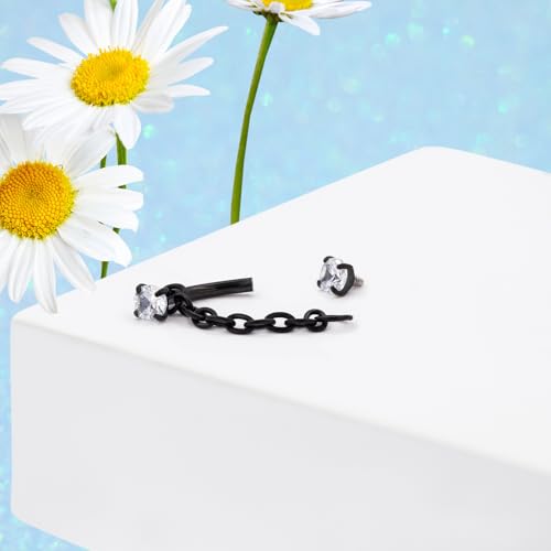 3 Pcs 316L Stainless Steel 16G Tragus Helix Rook Piercing Jewelry with Chain, Cartilage Earrings for Women, Belly Button Ring Vertical Labret Lip Piercing Jewelry - color: Black, size: Prong Setting