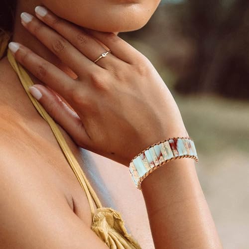 Plumiss Women Boho Handmade Natural Stone Crystal Leather Bead Wrap Bracelets Collection - style: Agalmatolite