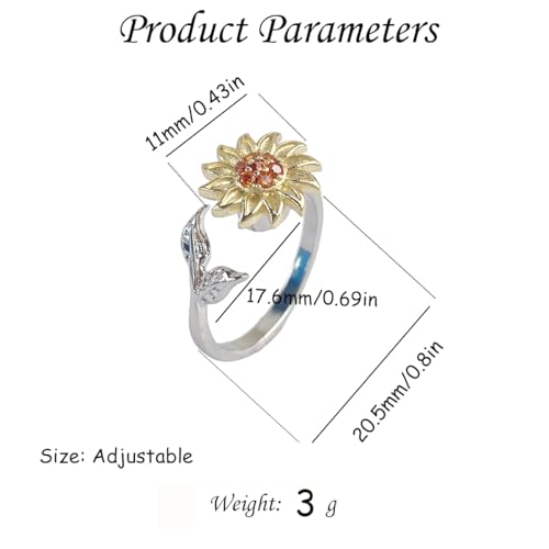 Hebelee Rotatable CZ Sunflower Spinner Ring for Women Fashion Crystal Rotating Flower Stackable Statement Open Wrap Finger Rings Comfort Fit Adjustable Fidget Anxiety Relieving Stress Jewelry - color: 2 Leaf