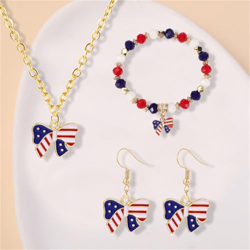 4th of July Earring Bracelet And Necklaces Jewelry Set for Women Men Personalized Red White and Blue Patriotic American Flag Dangle Drop Earrings Independence Day Holiday Accessories Gifts - style: bow