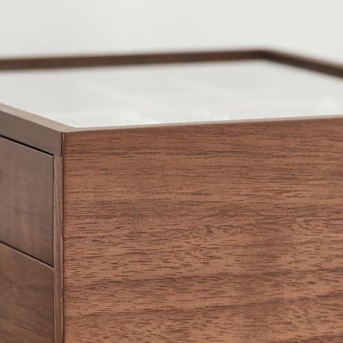 CHOSIN Walnut Jewelry Box Wood for Women with Vertical Neclace Hooks | Pull-out Necklace Storage Layer, 4 Drawers, No Mirror, Unlocking, Transparent Glass Lid, Velvet Interior, Gift for Her - style: 4 Layer B