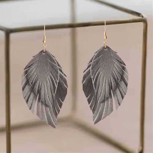 Handmade Bohemian Large Soft Genuine Leather Fringe Double Feather Dangle Drop Earrings Lightweight Simple Color PU Leaf Hook Earrings for Women - color: Grey