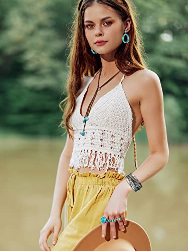 Ecally Bohemian Western Jewelry Turquoise Set Women Country Pendant Long Choker Layered Bracelets Earrings Ring for Women - color: Turquoise, style: Cowgirl