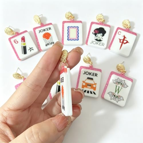 Mahjong Earrings Funny Acrylic Geometric Chinese Mahjong Tile Earrings for Women Mahjong Lovers Jewelry - color: Cube 5