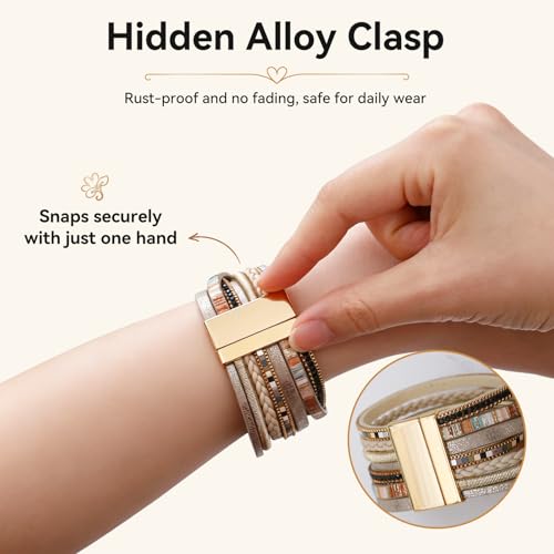 Vercret Leather Wrap Bracelet for Women, Multi-Layer Cuff Bangle | Boho Stacked Bracelets with Safe Clasp Western Bangle Jewelry Gift for Lady and Mom Sister Friend - style: Khaki