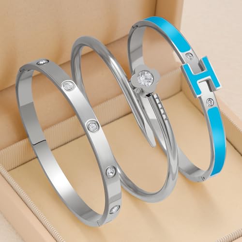 3Pcs Gold Bracelets for Women 14K Gold Plated Love/H/Nail Bangle Bracelet Dainty Non Tarnish Bracelet Jewelry Christmas Mothers Day Gifts for Women - color: 3Pcs Silver/Blue H bracelet